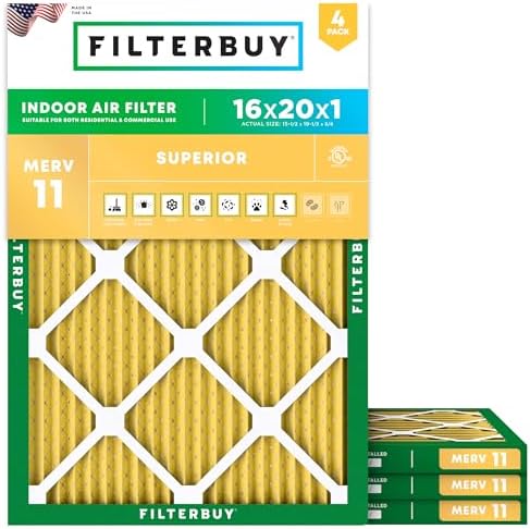 Filterbuy 16x20x1 Air Filter MERV 11 Superior Pet & Allergy Defense (4-Pack), Electrostatic Pleated HVAC AC Furnace Filters Replacement (Actual Size 15.50 x 19.50 x 0.75) - Replacement Furnace Filters -