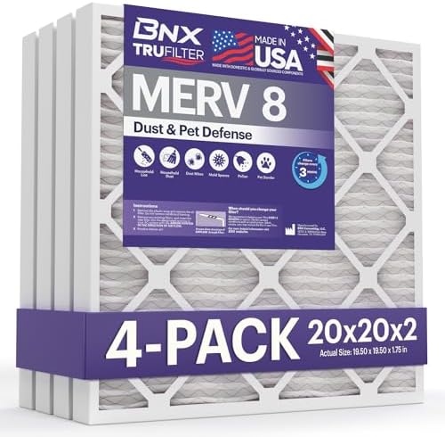 BNX TruFilter 20x20x2 Air Filter MERV 8 (4-Pack) - MADE IN USA – Dust & Pet Defense Electrostatic Pleated Air Conditioner HVAC AC Furnace Filters for Dust, Pet, Mold, Pollen MPR 600 – 700 & FPR 5 -