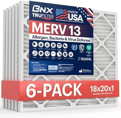 BNX TruFilter 18x20x1 Air Filter MERV 13 (6-Pack) - MADE IN USA - Electrostatic Pleated Air Conditioner HVAC AC Furnace Filters for Allergies, Pollen, Mold, Bacteria, Smoke, Allergen, MPR 1900 FPR 10 -