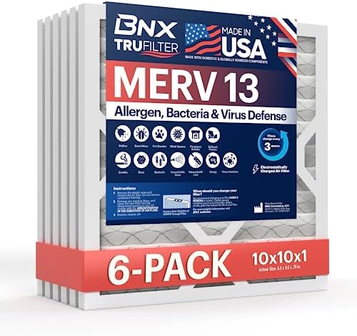 BNX TruFilter 10x10x1 Air Filter MERV 13 (6-Pack) - MADE IN USA - Electrostatic Pleated Air Conditioner HVAC AC Furnace Filters for Allergies, Pollen, Mold, Bacteria, Smoke, Allergen, MPR 1900 FPR 10 -