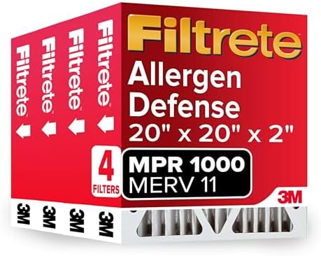 Filtrete 20x20x2 AC Furnace Air Filter, MERV 11, MPR 1000, Allergen Defense, 3-Month Pleated 2-Inch Electrostatic Air Cleaning Filter, 4 Pack (Actual Size 19.5 x 19.5 x 1.75 in) -