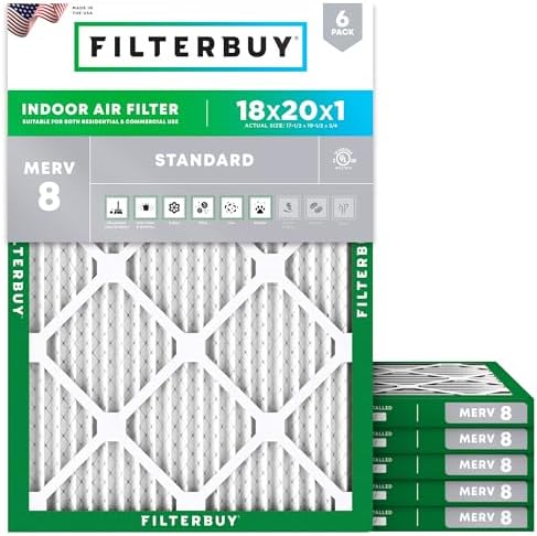 Filterbuy 18x20x1 Air Filter MERV 8 Essential Dust & Allergy Defense (6-Pack), Electrostatic Pleated HVAC AC Furnace Filters Replacement (Actual Size 17.50 x 19.50 x 0.75) - Replacement Furnace Filters -