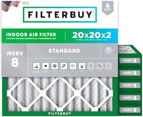 Filterbuy 20x20x2 Air Filter MERV 8 Essential Dust & Allergy Defense (6-Pack), Electrostatic Pleated HVAC AC Furnace Filters Replacement (Actual Size 19.50 x 19.50 x 1.75) - Replacement Furnace Filters -