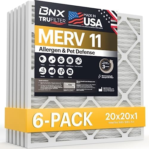 BNX TruFilter 20x20x1 Air Filter MERV 11 (6-Pack) - MADE IN USA - Allergen Defense Electrostatic Pleated Air Conditioner HVAC AC Furnace Filters for Allergies, Dust, Pet, Smoke, Allergy MPR 1200 FPR 7 -