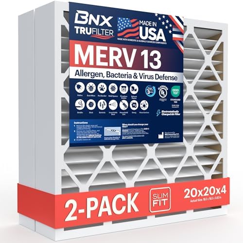 BNX TruFilter 20x20x4 (19.5’’ x 19.5’’ x 3.63‘’ Slim Fit) MERV 13 Air Filter (2-Pack) - MADE IN USA - Air Conditioner HVAC AC Furnace Filters Health, Allergies, Mold, Bacteria, Smoke, MPR 1900 FPR 10 -
