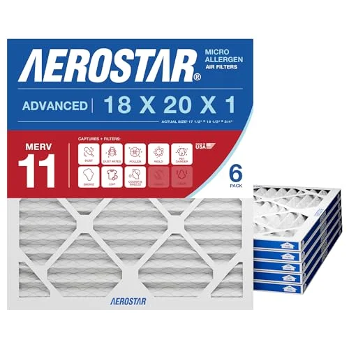 Aerostar 18x20x1 MERV 11 Air Filter, 6 Count, ACTUAL SIZE (17.50 x 19.50 x 0.75), HVAC, Air Conditioning & Furnace Filter for Dust, Pet Dander, Smoke & Allergies (MPR 1200 / FPR 7), Made in USA : Industrial & Scientific